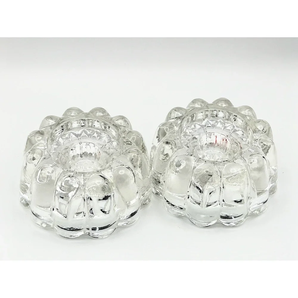 Vintage Clear Glass Scalloped Bubble Candle Holder Set Taper Tea Light Pair 4in